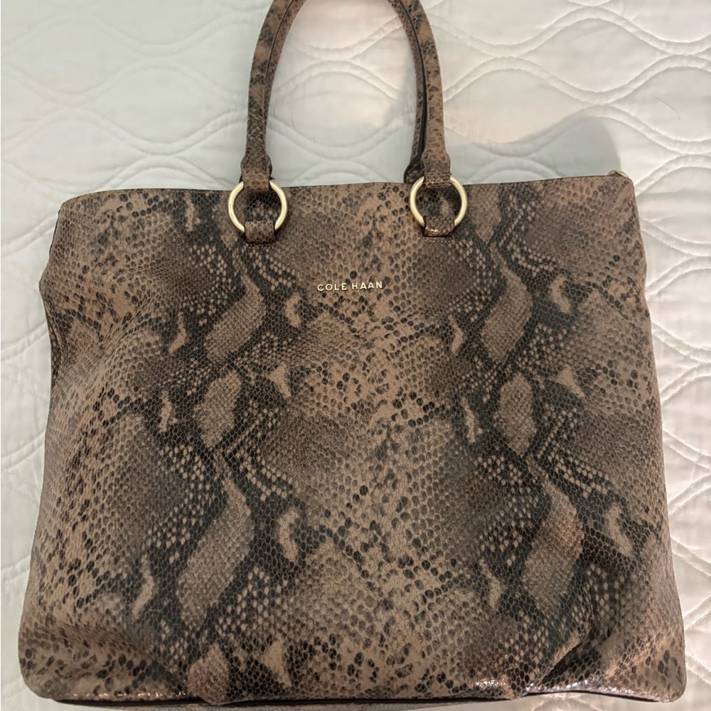 Large Cole Haan Tan and Black Snake Print Tote